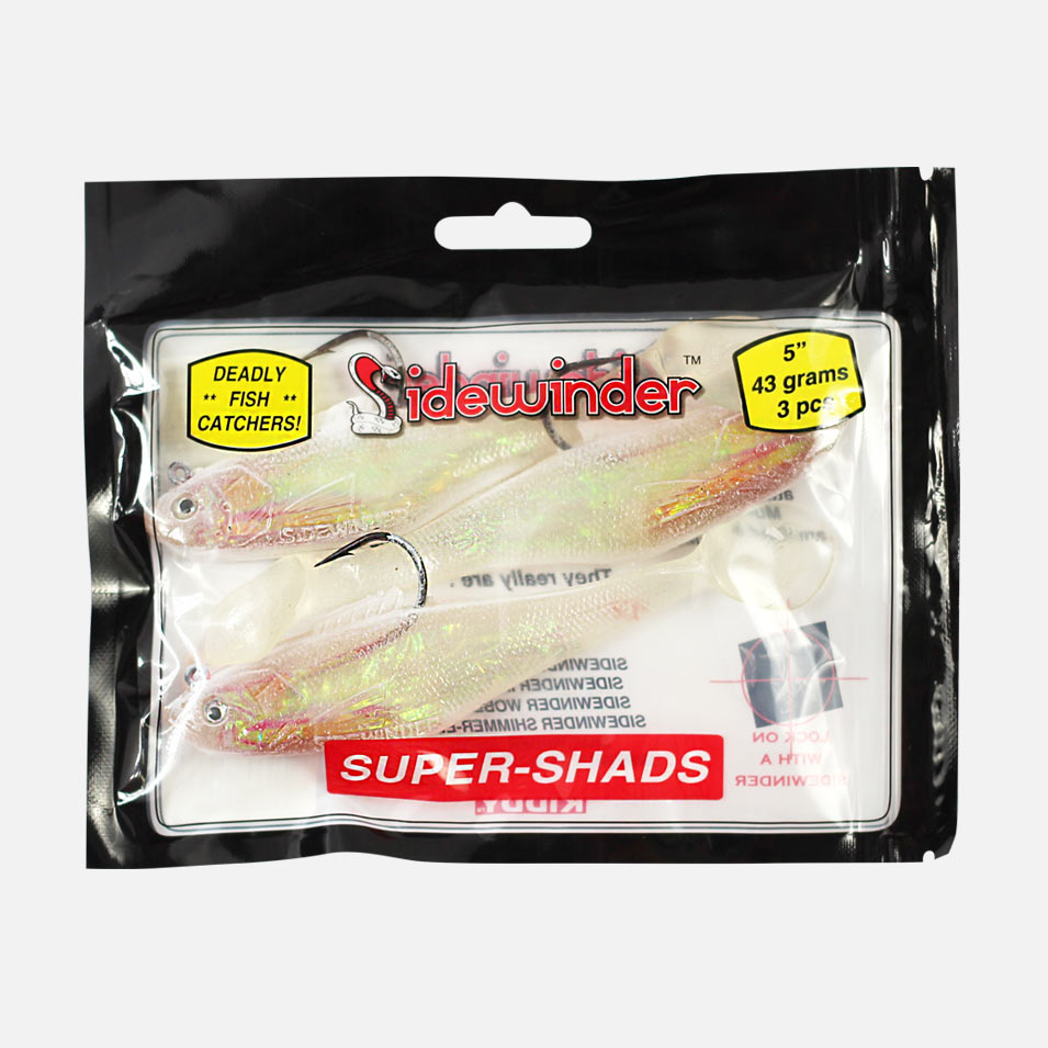 Sidewinder Super Shads Fishing Lures Blood Head Pearl Colour 3 Per Pack 5" 43g